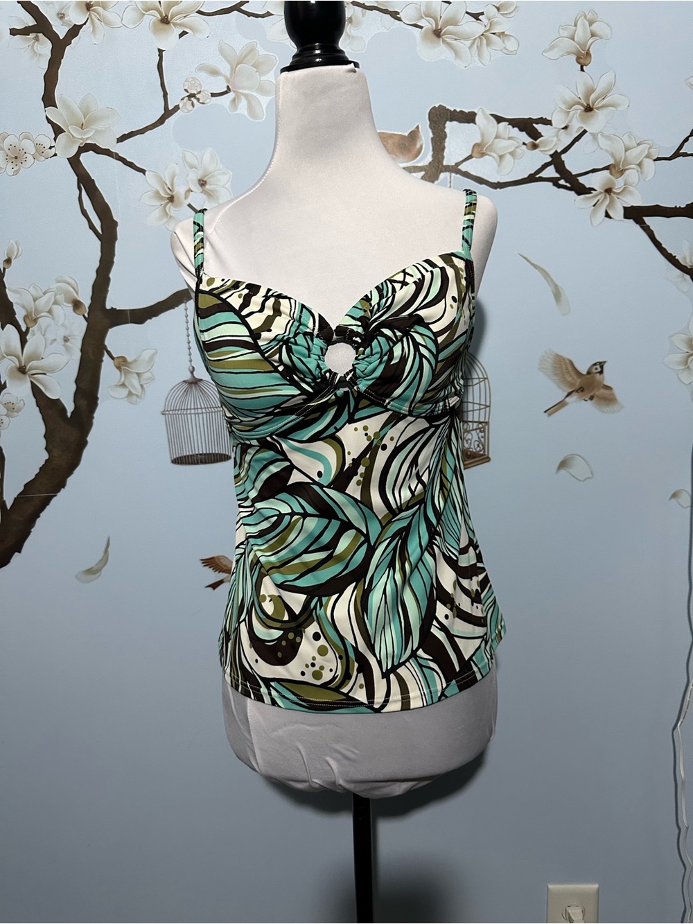 Women’s Green Leaf Print Swim Tankini with Ring Detail